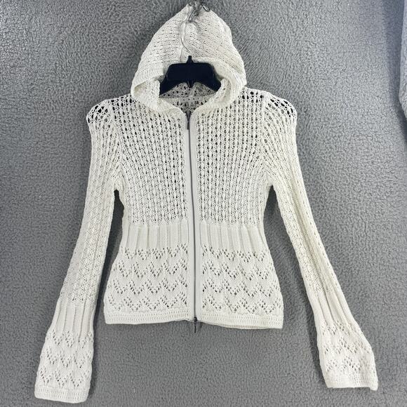 CAbi Sweater Womens Small White Hooded Zip Crochet Open Knit Cardigan Style 821 - Picture 1 of 8